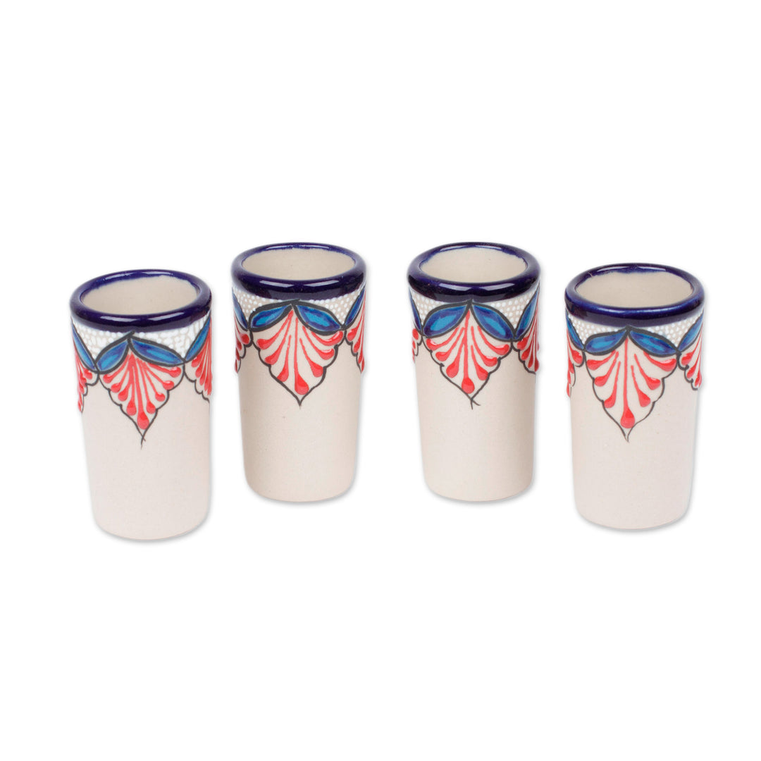 Set of 4 Handmade Talavera-Style Blue and Red Tequila Cups - Hidalgo Flourish