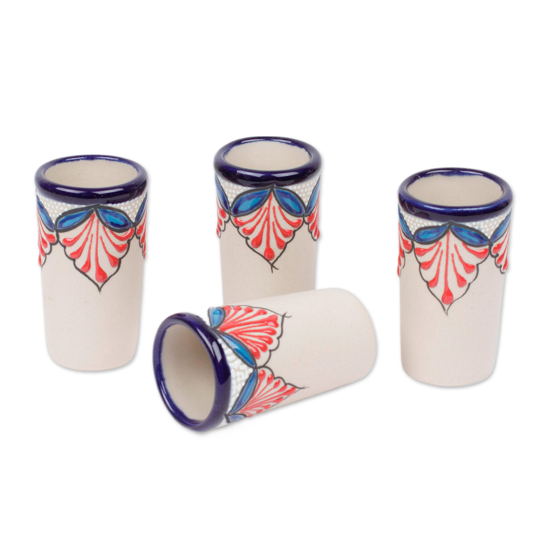 Set of 4 Handmade Talavera-Style Blue and Red Tequila Cups - Hidalgo Flourish