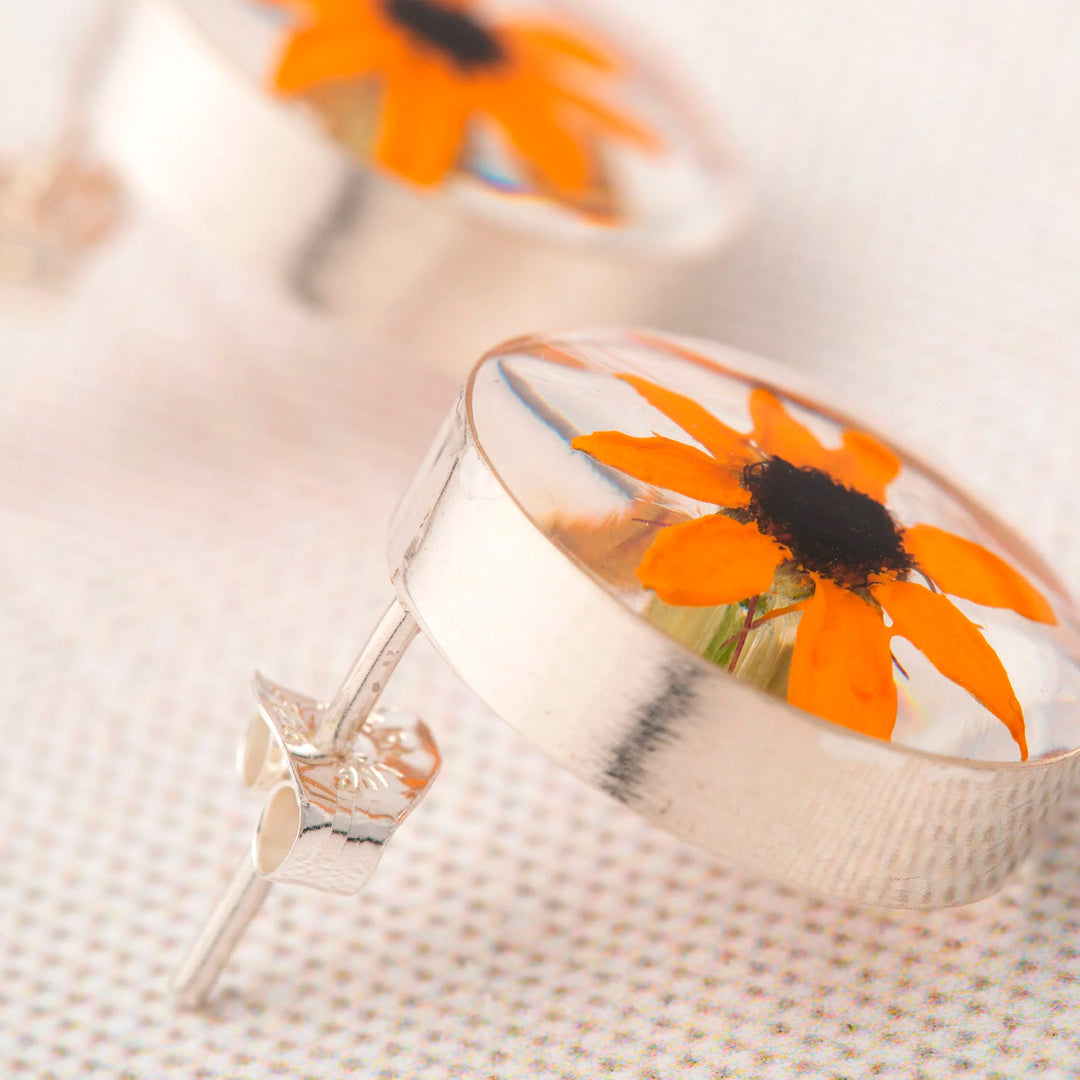 Real Flower Resin Stud Earrings with Sterling Silver Accent - Sweet Bloom