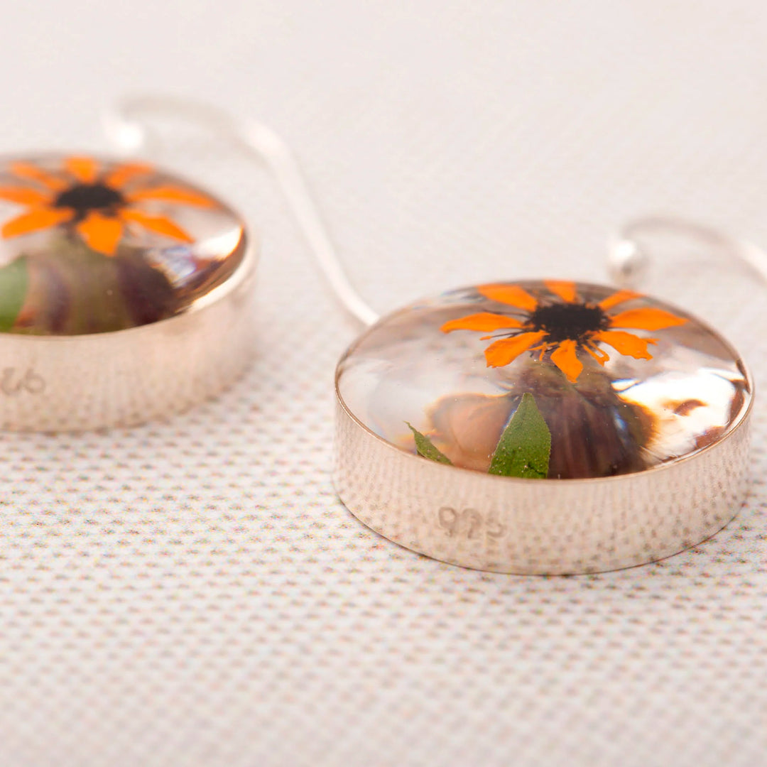 Real Flower Resin Dangle Earrings from Mexico - Sunflower Style