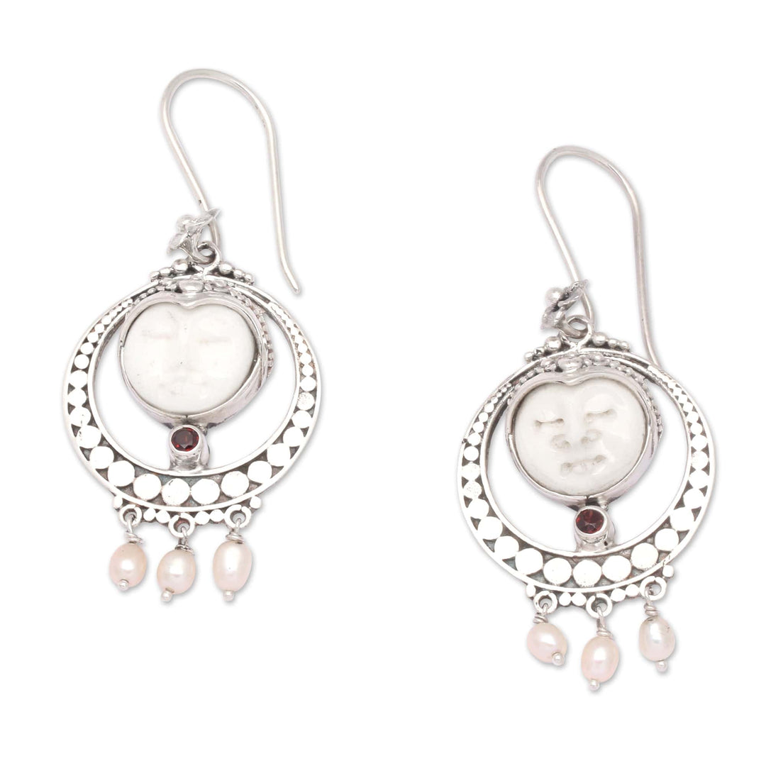 Classic Balinese Dangle Earrings with Pearls and Garnet Gems - Island's Passionate Blessing