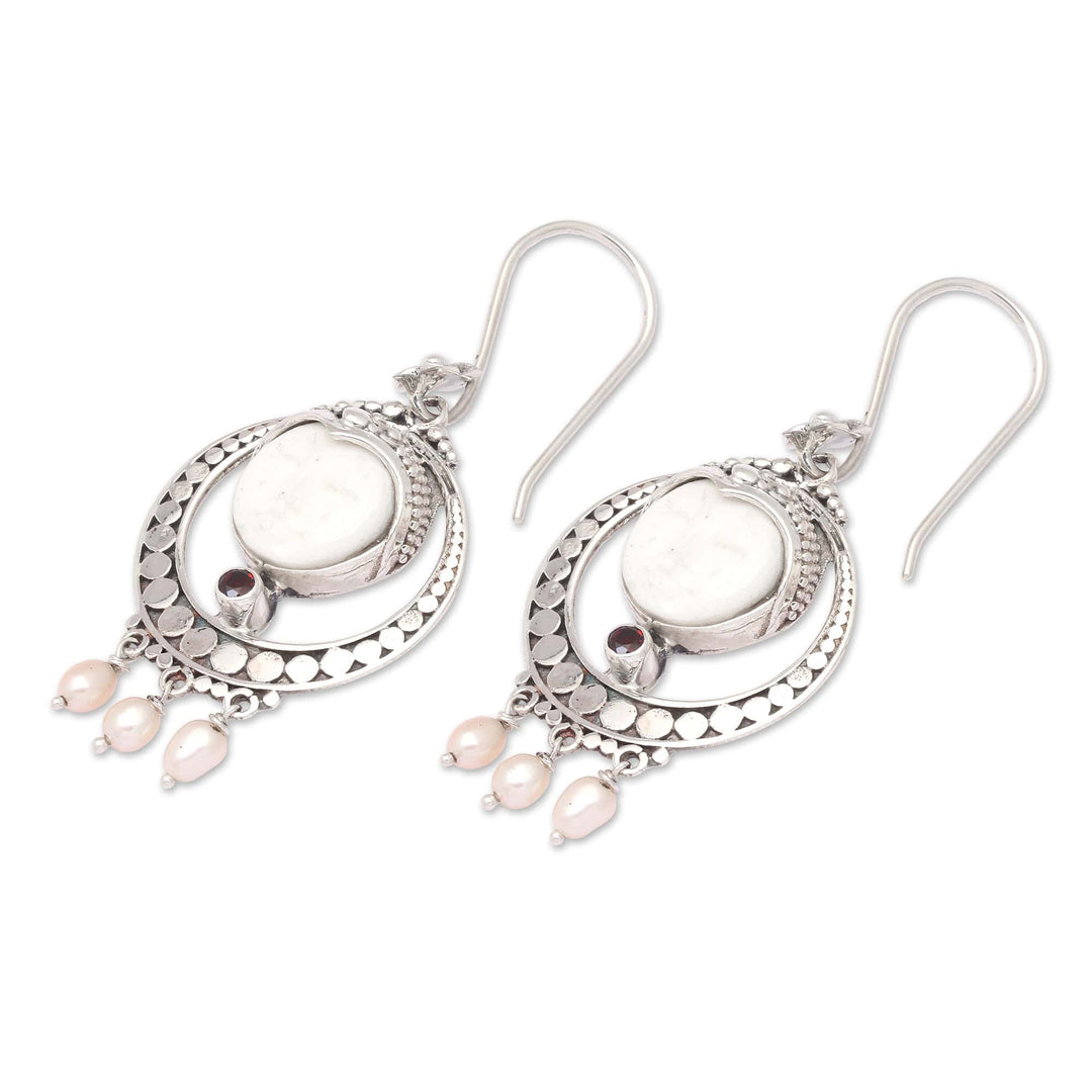 Classic Balinese Dangle Earrings with Pearls and Garnet Gems - Island's Passionate Blessing