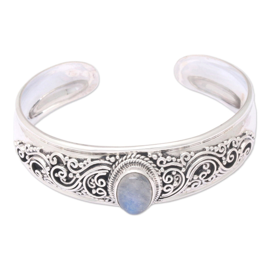 Classic Natural Rainbow Moonstone Cuff Bracelet - Swirly Moon