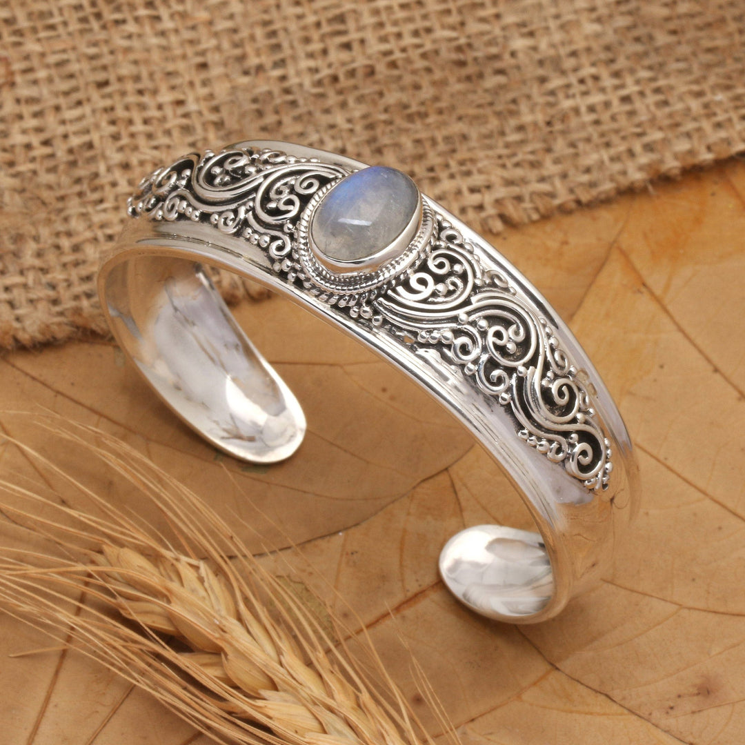 Classic Natural Rainbow Moonstone Cuff Bracelet - Swirly Moon