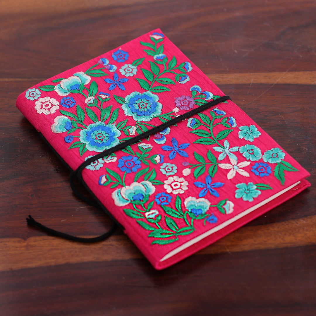 Floral Green and Cerise Rayon-Embroidered Handmade Journal - Cerise of Blossoms