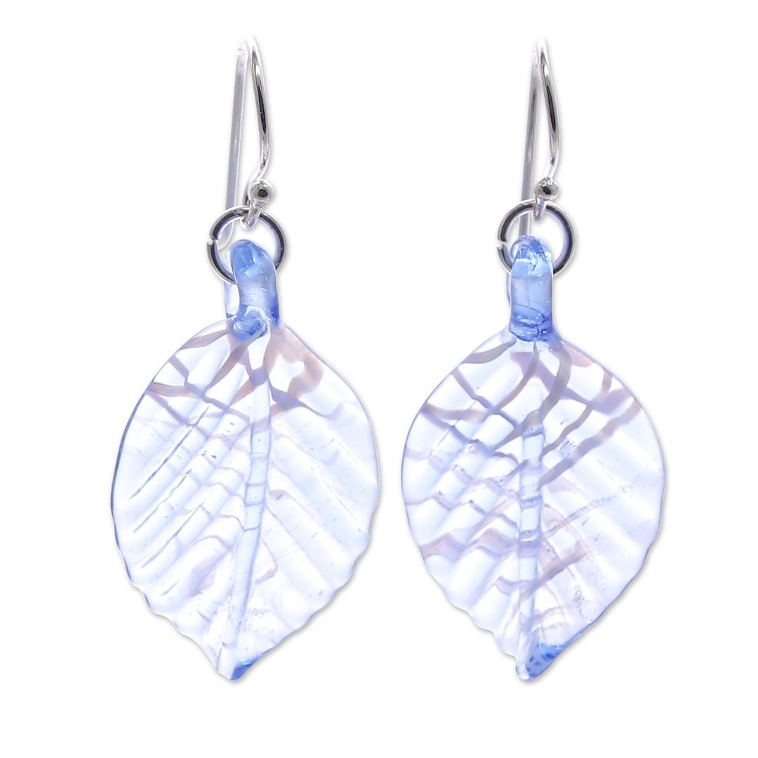 Handblown Striped Blue and Clear Glass Leaf Dangle Earrings - Heavenly Foliage