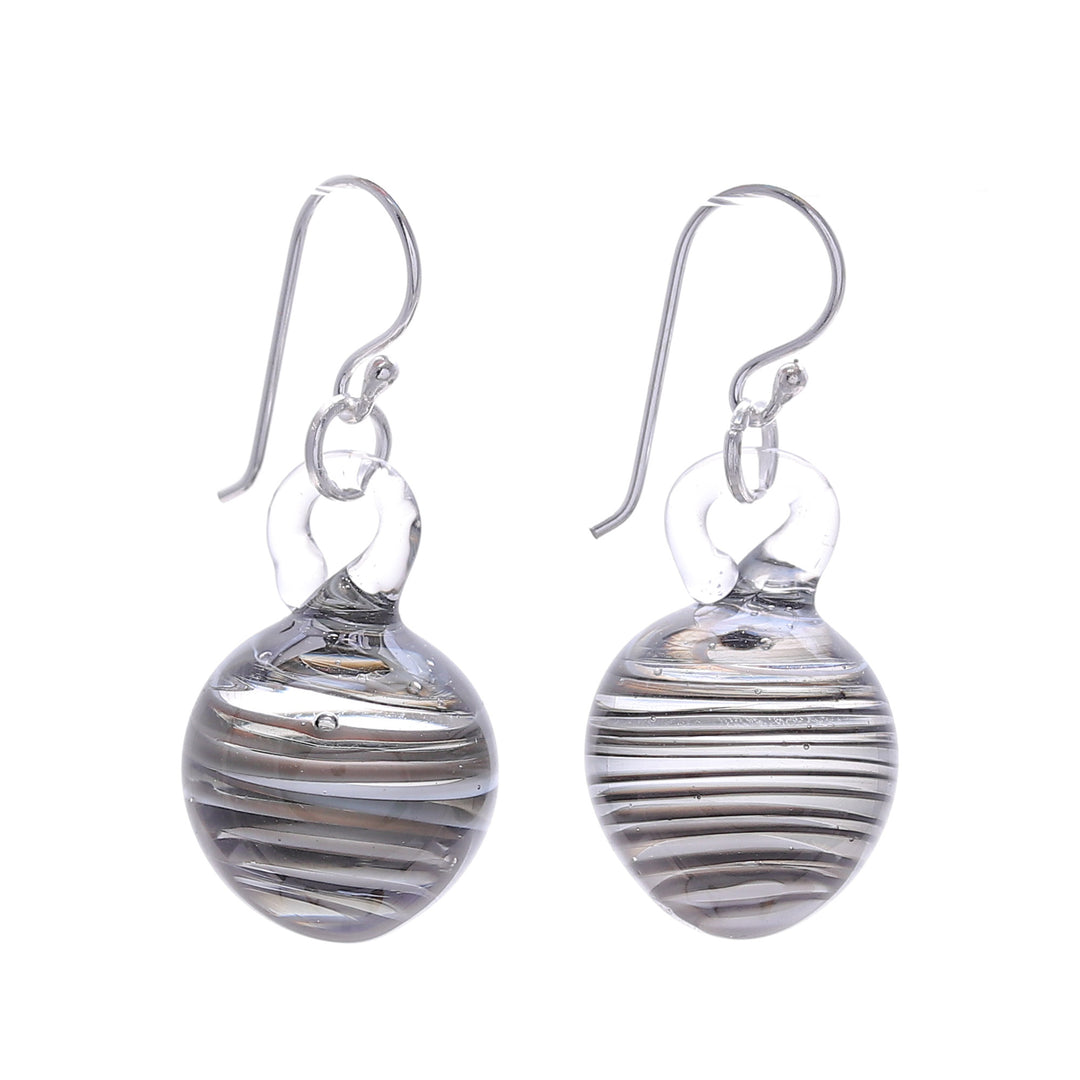 Handblown Black Swirl Patterned Glass Dangle Earrings - Little Whirlpool