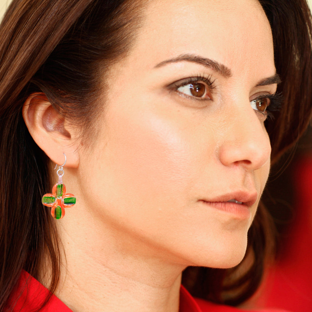 Orange and Green Handblown Glass Floral Dangle Earrings - Exotic Blossoms