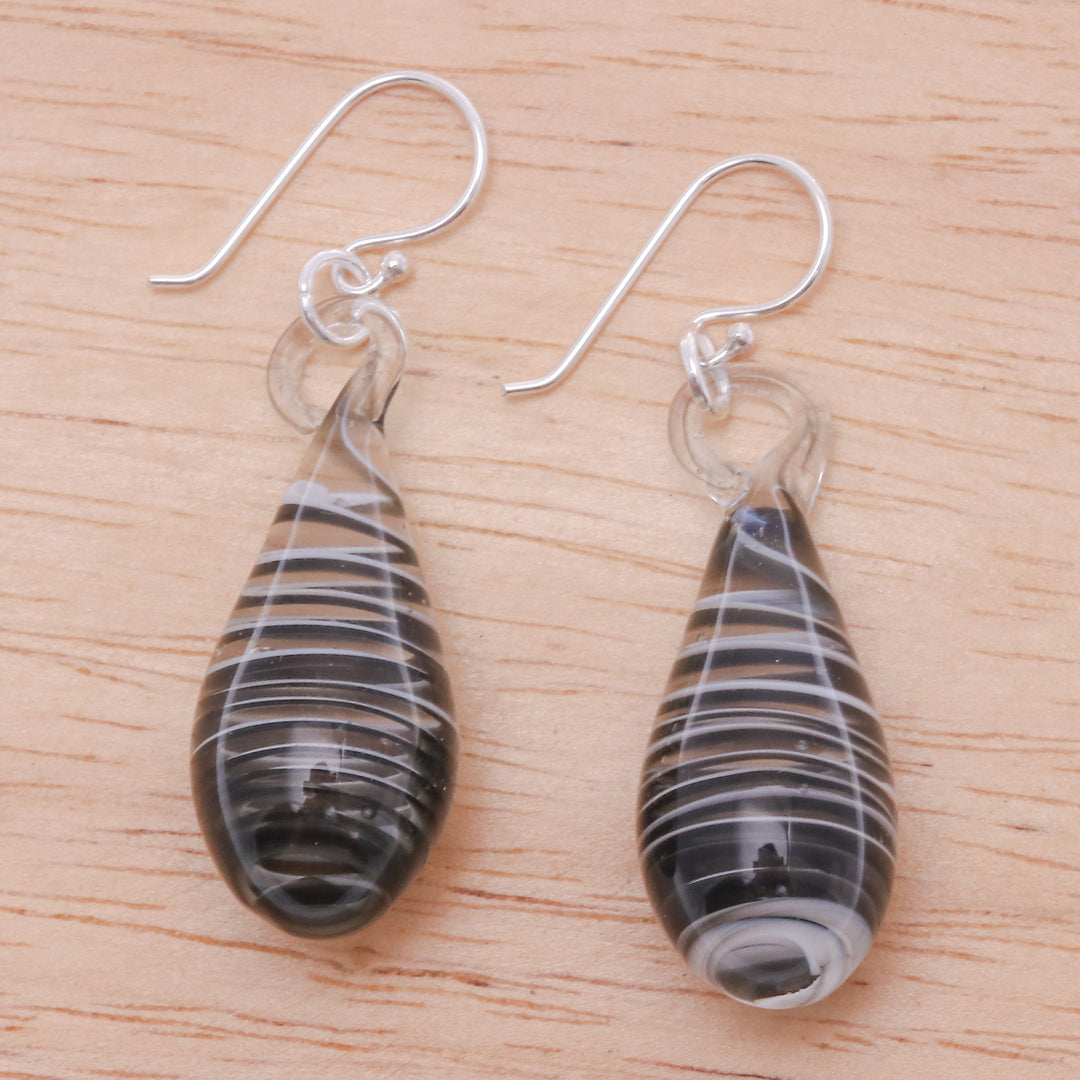 Handblown Glass Dangle Earrings with Black & White Spirals - Dew Drop in Black