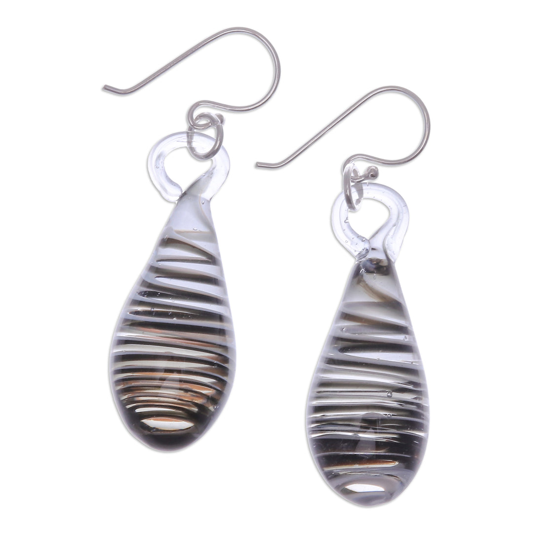 Handblown Glass Dangle Earrings with Black & White Spirals - Dew Drop in Black