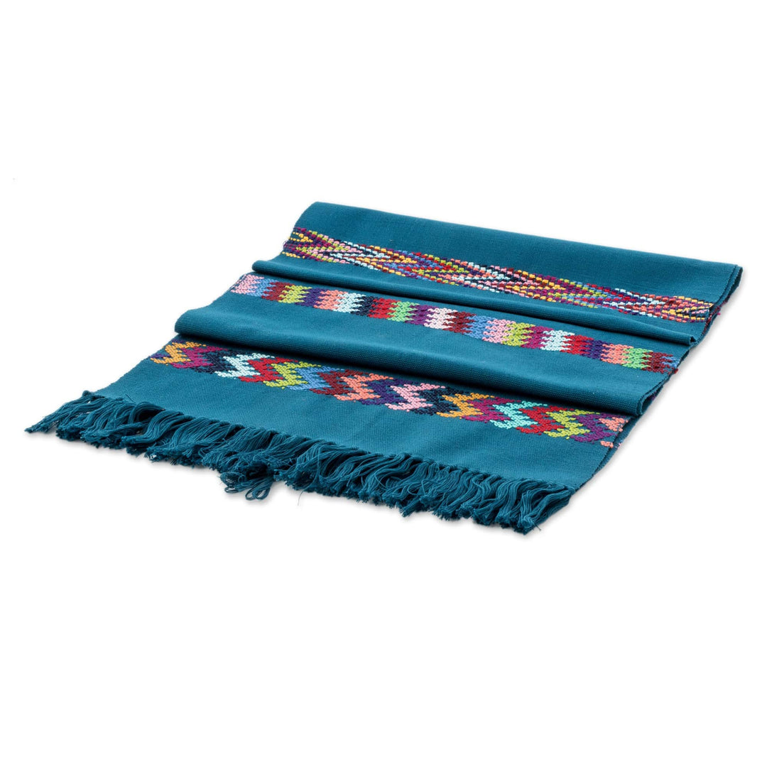 Handloomed Striped Teal Cotton Table Runner with Fringes - Route to the Lake