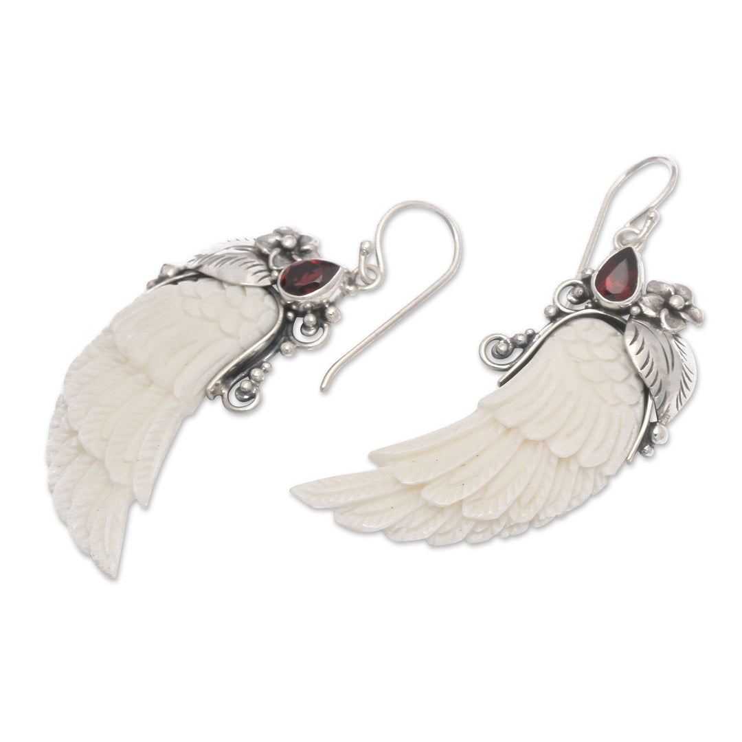 Wing-Shaped Natural Garnet Dangle Earrings from Bali - Flight in the Passionate Eden