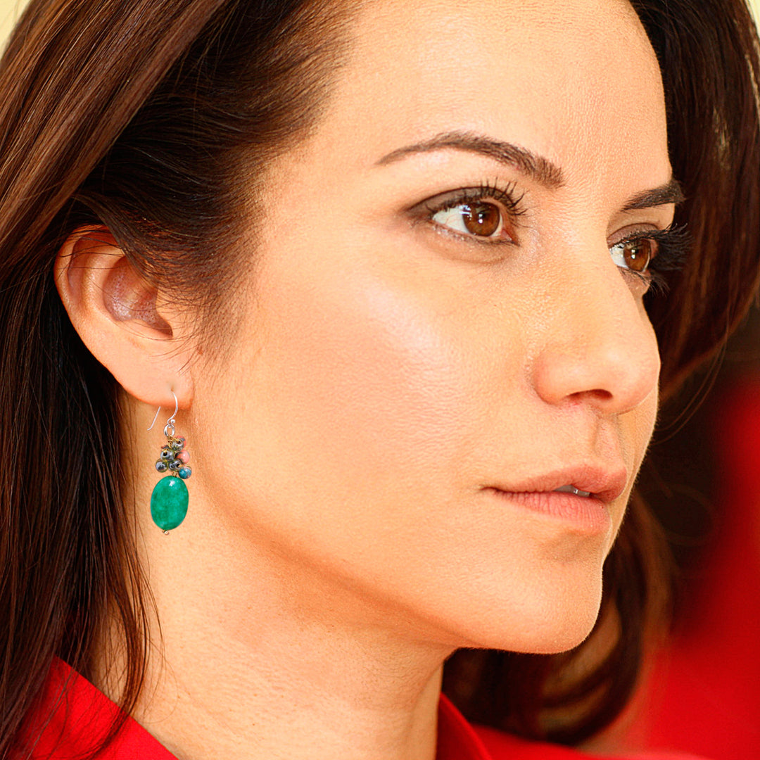 Green Quartz Glass and Resin Beaded Cluster Earrings - Glamorous Green