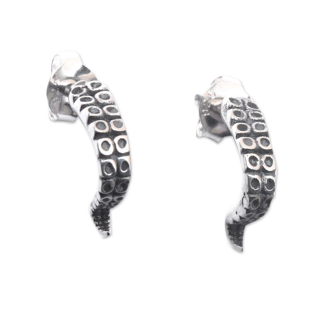 Octopus-Themed Sterling Silver Button Earrings from Bali - Octopus Greetings
