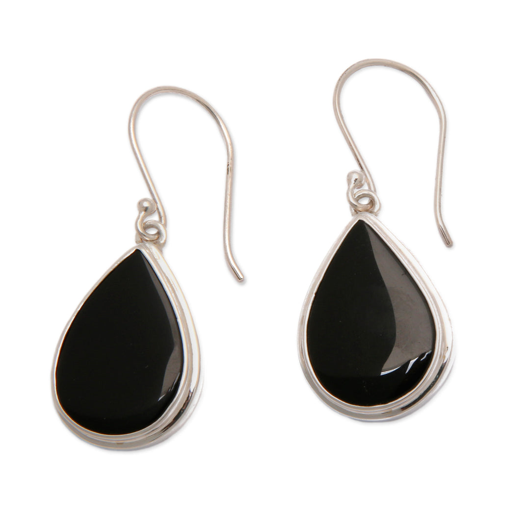 Sterling Silver Dangle Earrings with Drop-Shaped Onyx Stones - Sublime Night