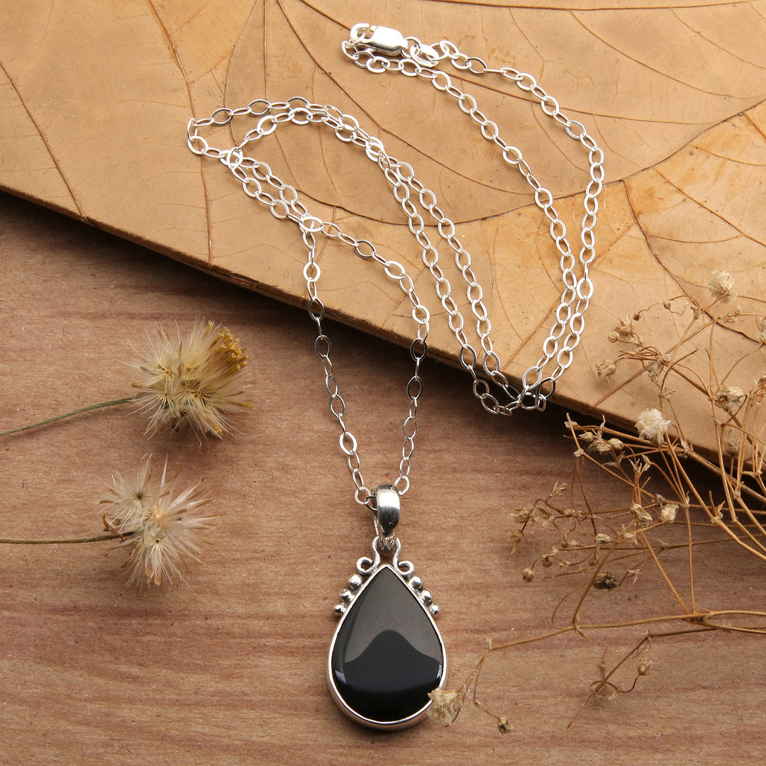 Sterling Silver Onyx Pendant Necklace with Dot Accents - Snowy Night