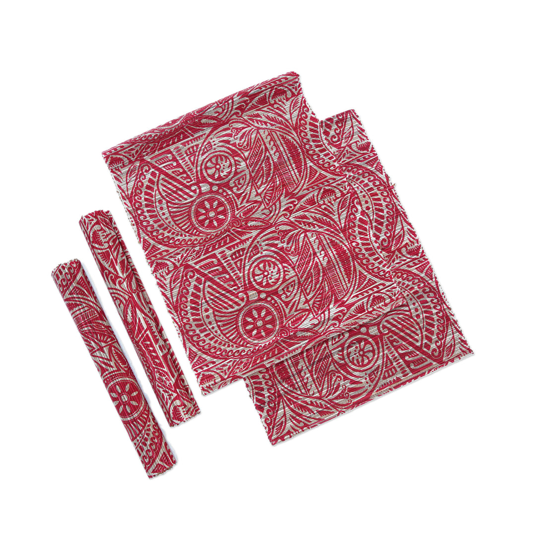 Set of 5 Leafy Red and Ivory Table Runner and Placemats - Red Eden