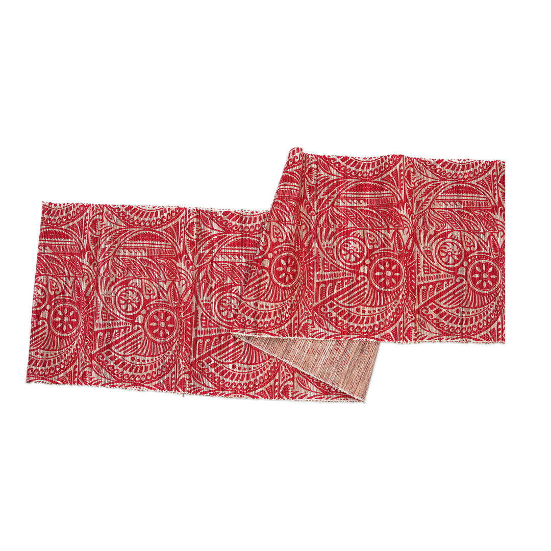 Set of 5 Leafy Red and Ivory Table Runner and Placemats - Red Eden