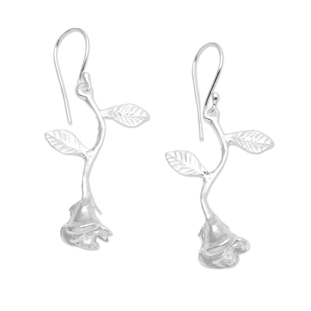 Matte Rose-Shaped Sterling Silver Dangle Earrings from Bali - Valentine Spirit