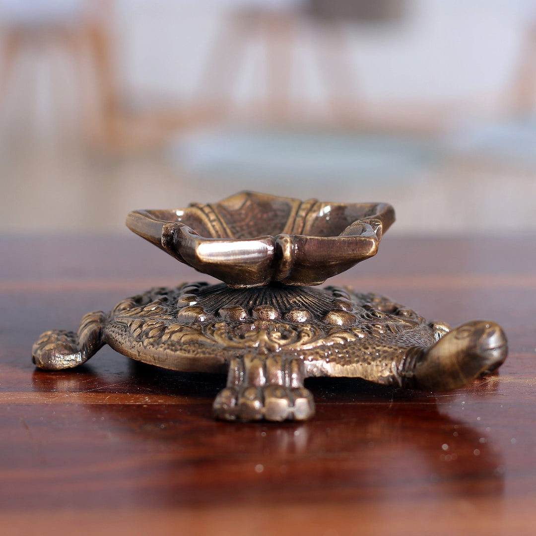 Floral Turtle-Shaped Antiqued Brass Sculpture from India - Floral Guidance
