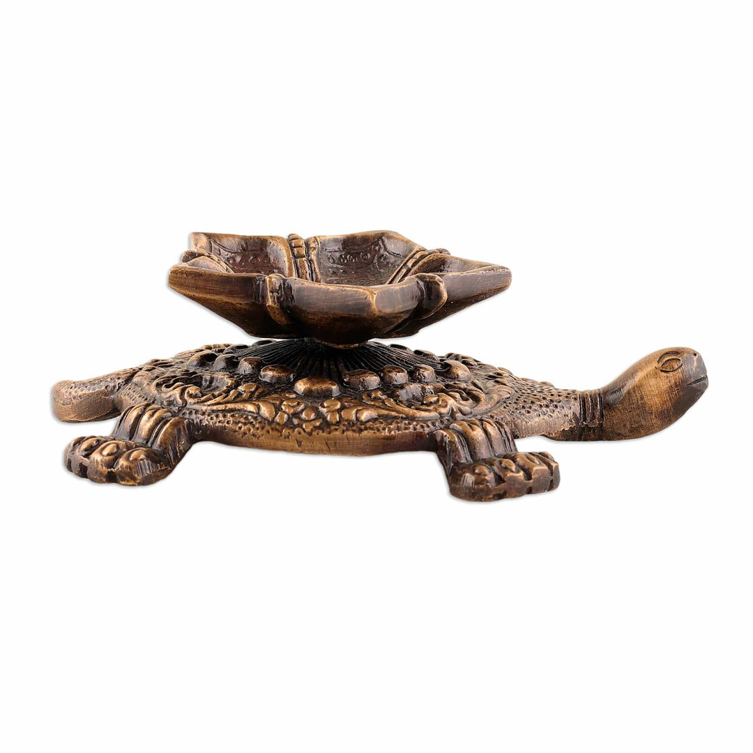 Floral Turtle-Shaped Antiqued Brass Sculpture from India - Floral Guidance