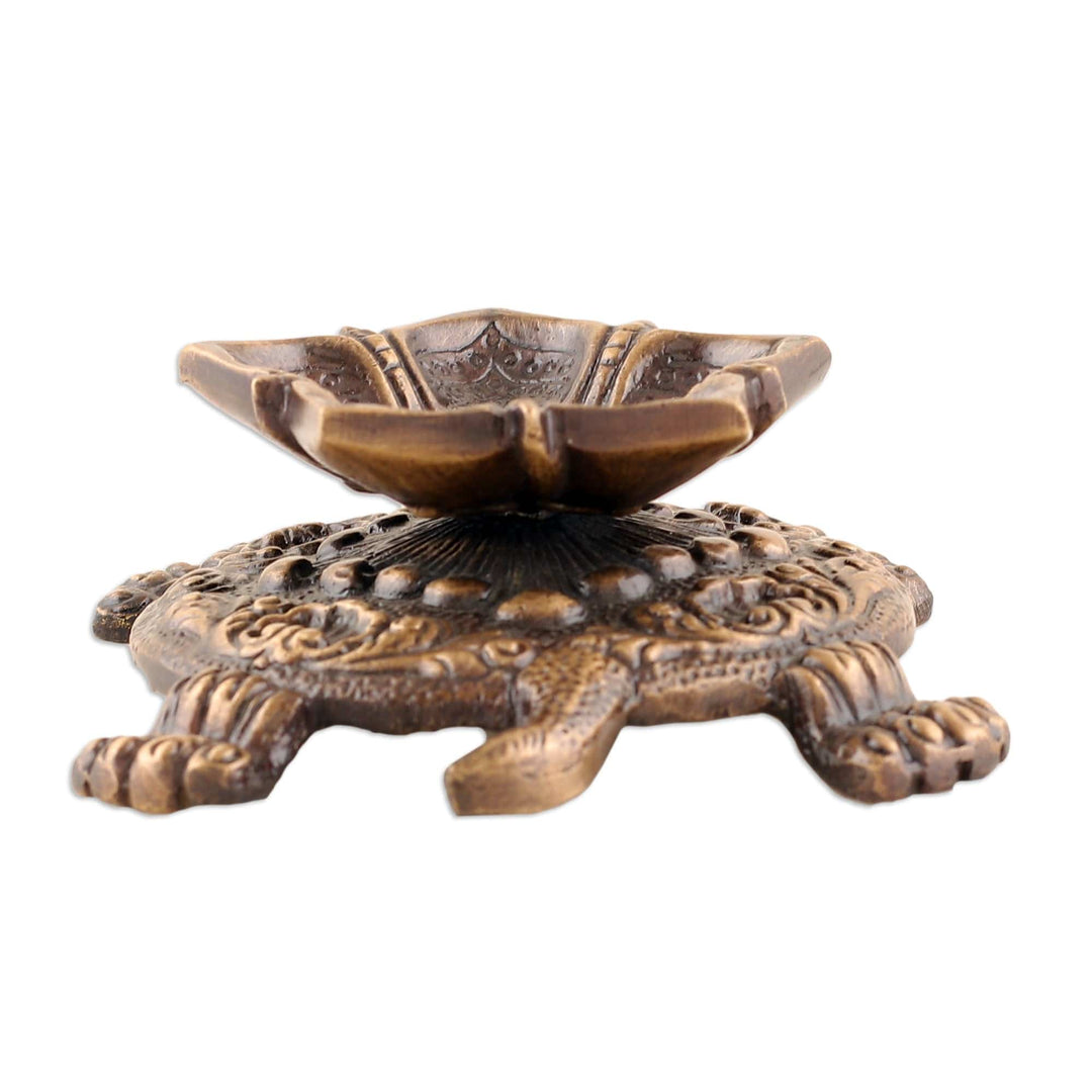 Floral Turtle-Shaped Antiqued Brass Sculpture from India - Floral Guidance