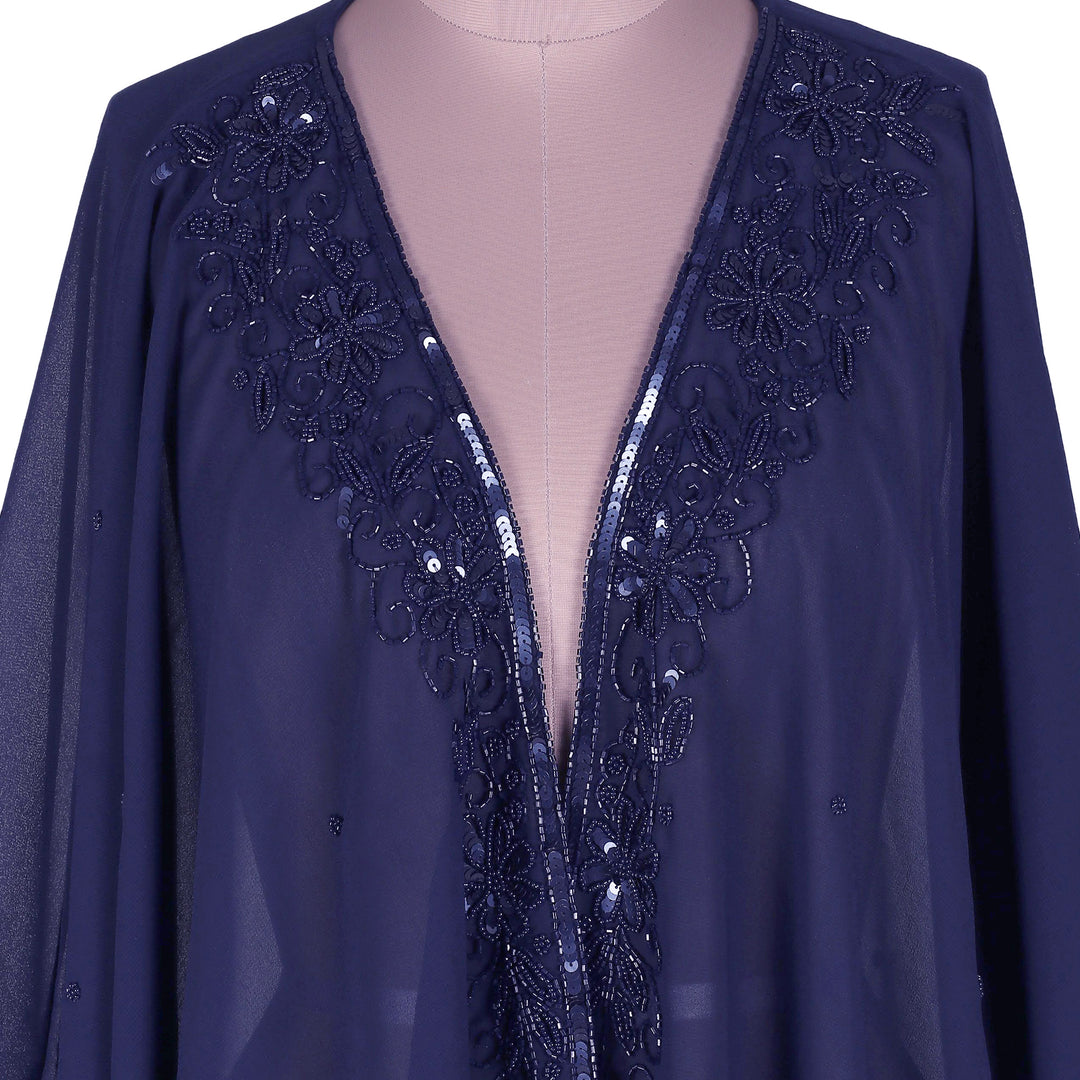 Dark Blue Embellished Sequin Beaded Floral Kimono Jacket - Midnight Glam