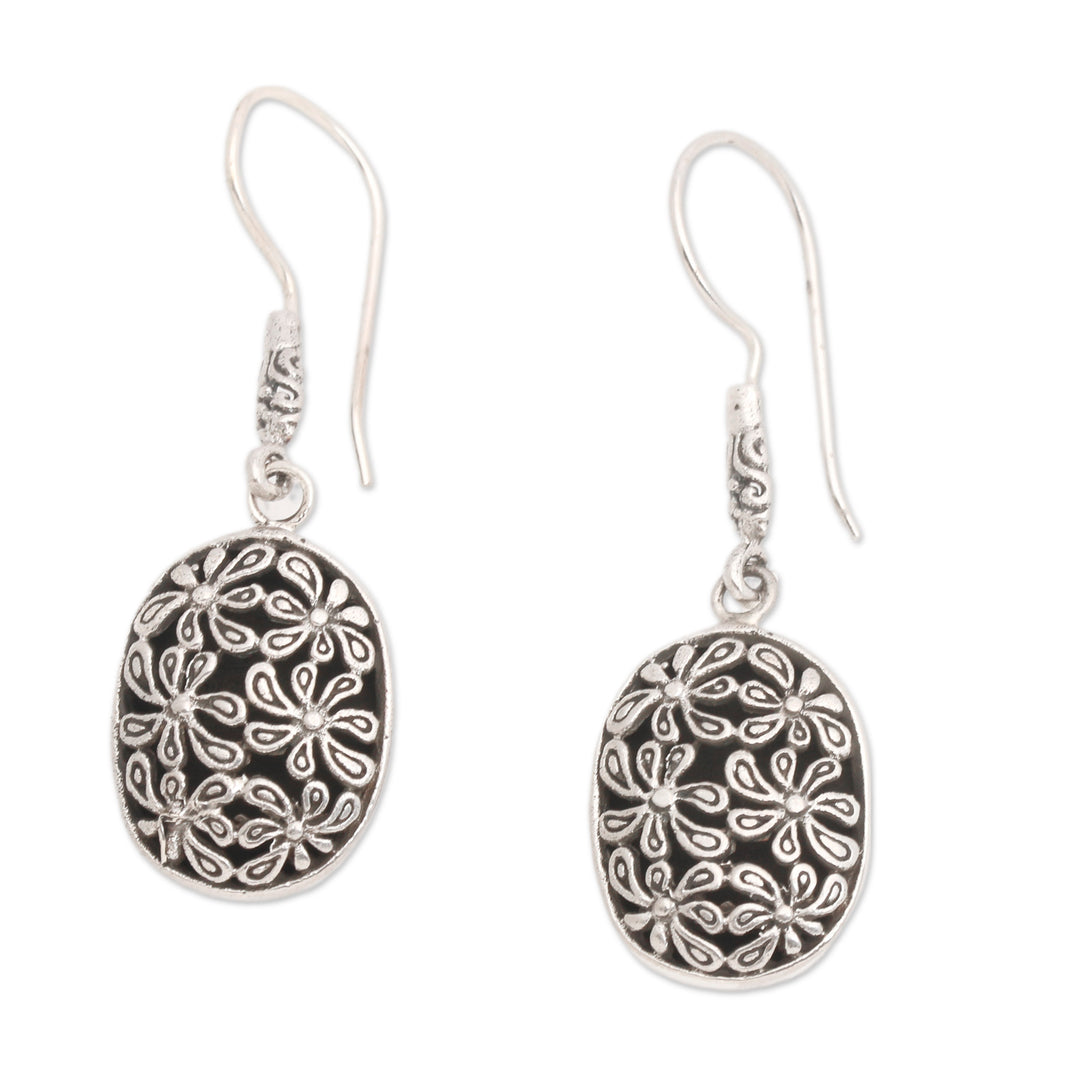 Traditional Floral Sterling Silver Dangle Earrings from Bali - Snowy Blooms