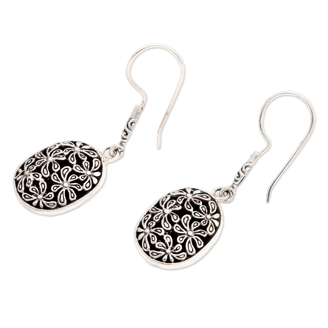 Traditional Floral Sterling Silver Dangle Earrings from Bali - Snowy Blooms