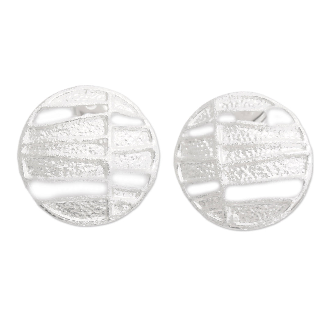 Modern Textured Circular Sterling Silver Button Earrings - Magical Circles