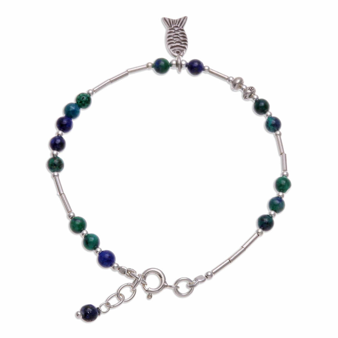Fish-Themed Natural Azure-Malachite Beaded Charm Bracelet - Marine Luck