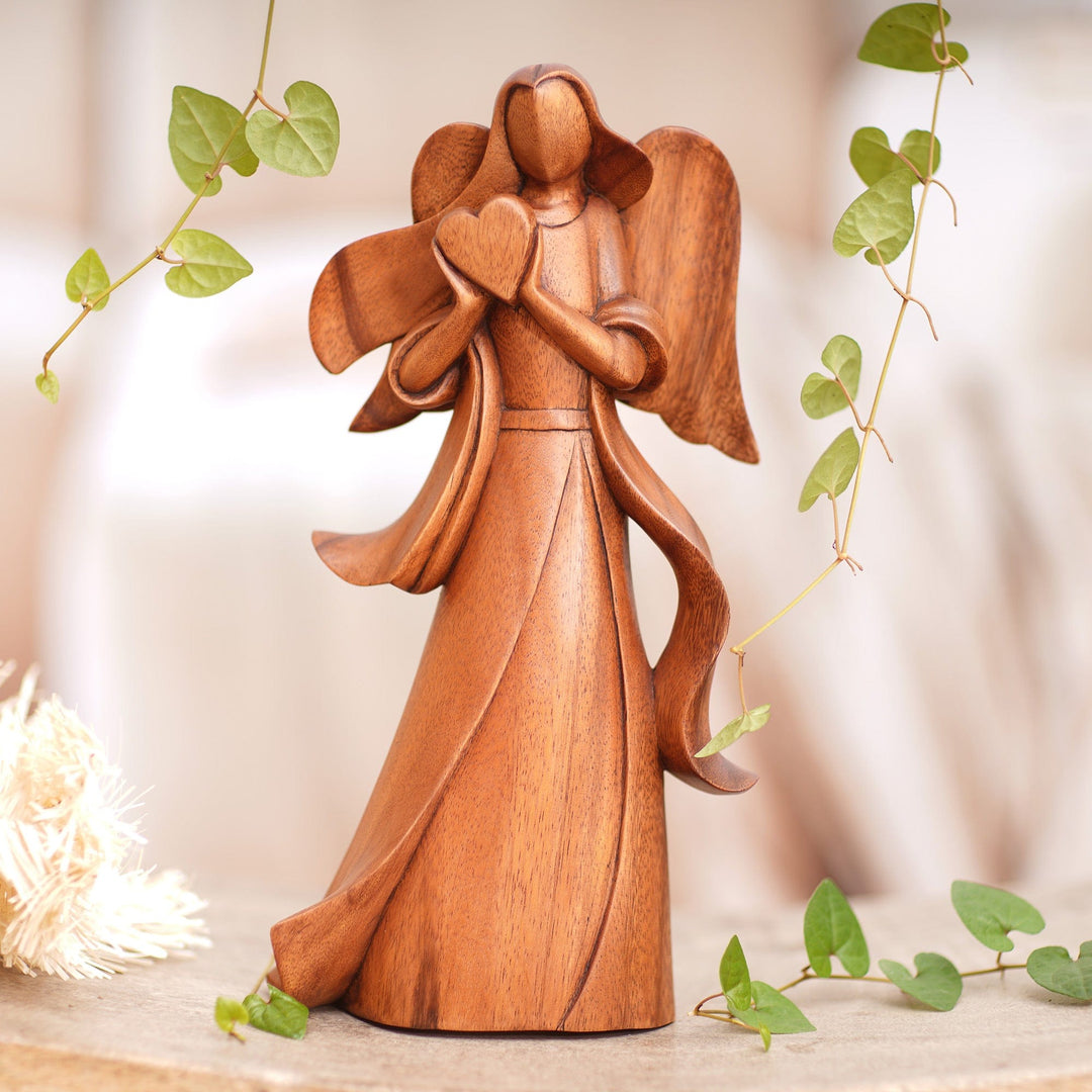 Angel-Themed Romantic Suar Wood Sculpture from Bali - Sending Love