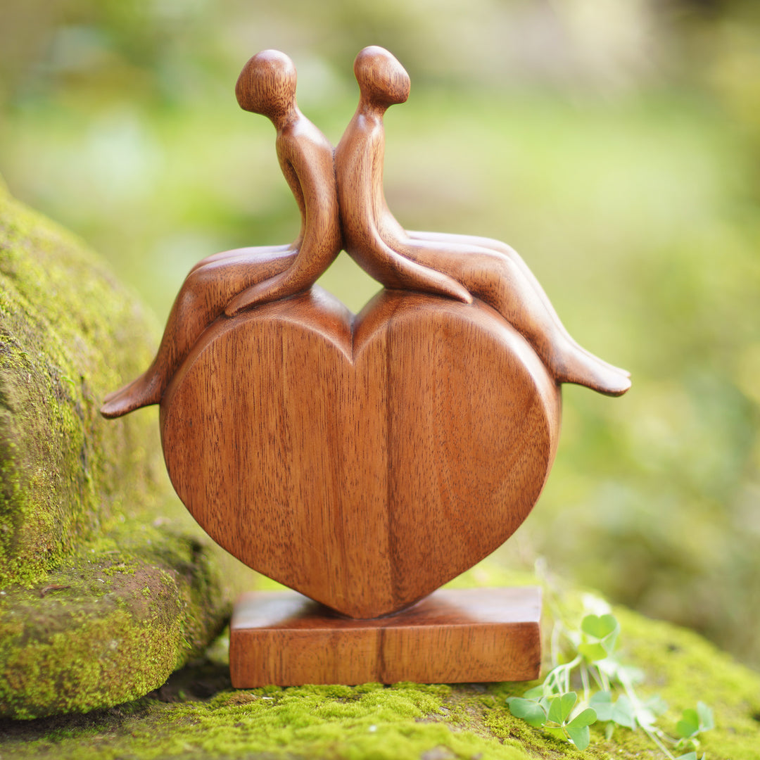 Heart-Shaped Inspirational Suar Wood Sculpture from Bali - Best of Friendship