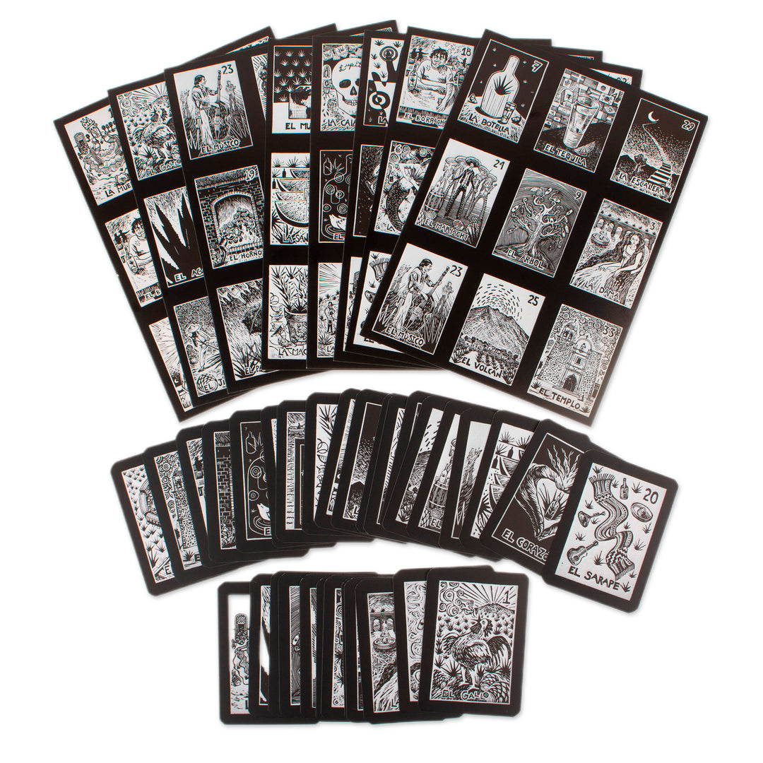 Traditional Ink on Paper Loteria Board Game Set from Mexico - Tequila Loteria