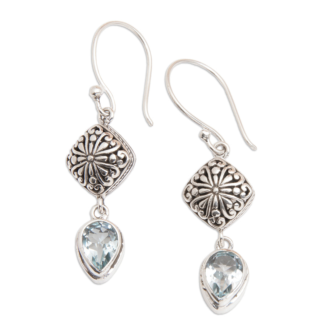 Sterling Silver Dangle Earrings with Pear Blue Topaz Stones - Heavenly Azure