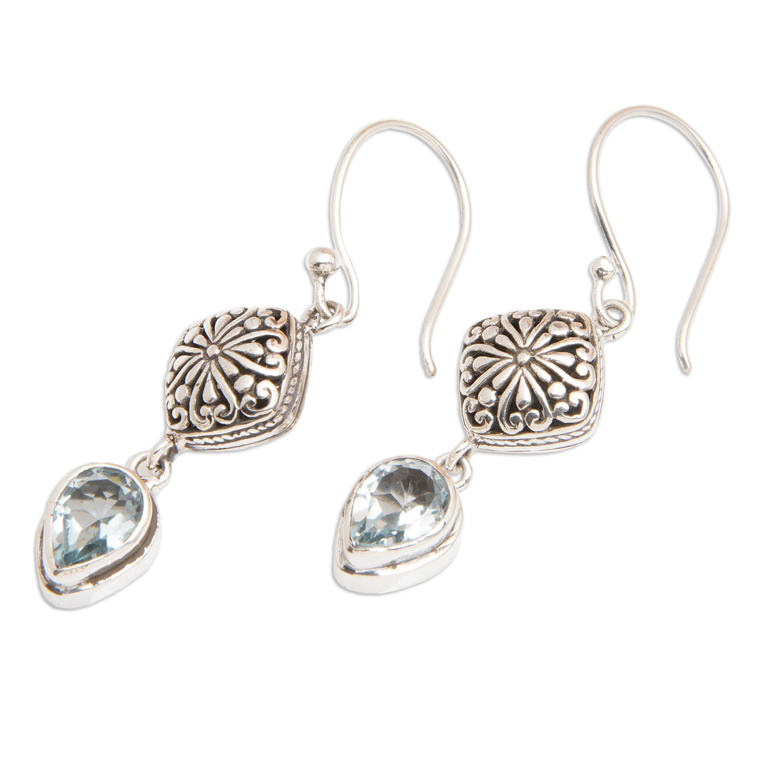 Sterling Silver Dangle Earrings with Pear Blue Topaz Stones - Heavenly Azure