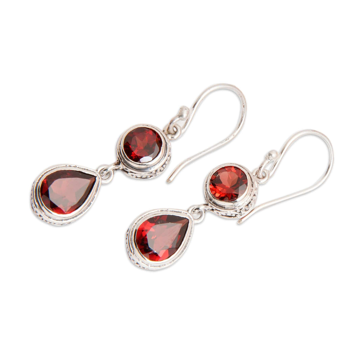 925 Silver Dangle Earrings with Round and Pear Garnet Stones - Splendid Red