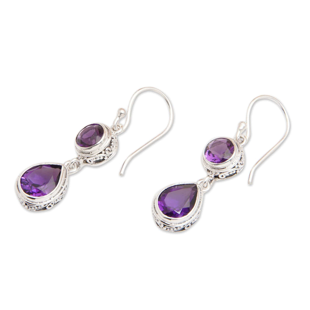 925 Silver Dangle Earrings with Round & Pear Amethyst Stones - Splendid Purple