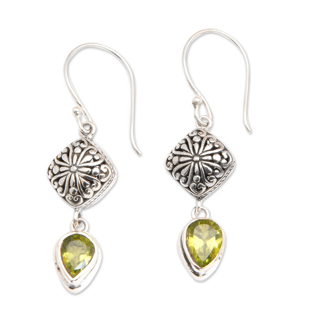 Sterling Silver Dangle Earrings with Pear Peridot Gemstones - Heavenly Green