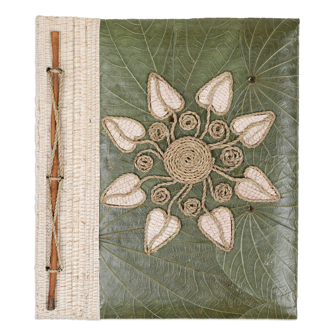 Handmade Natural Fiber Floral Journal with Green Leaves - Magnolia Memories