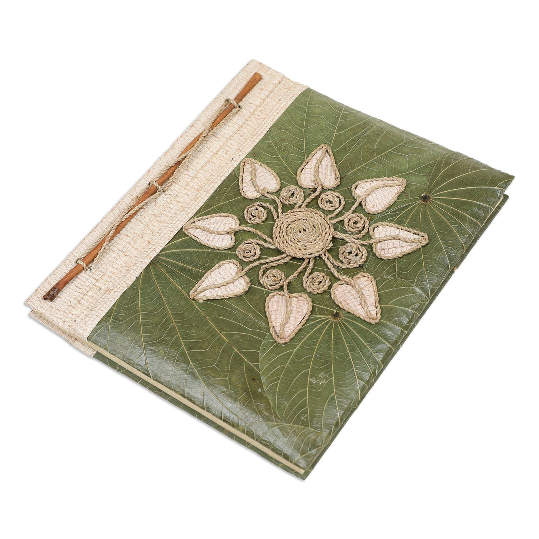 Handmade Natural Fiber Floral Journal with Green Leaves - Magnolia Memories