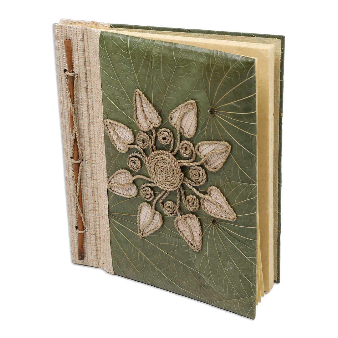 Handmade Natural Fiber Floral Journal with Green Leaves - Magnolia Memories