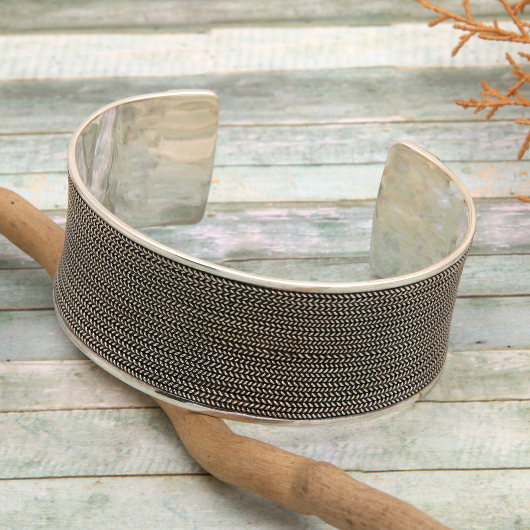 Sterling Silver Cuff Bracelet with Oxidized Textured Finish - Woven Magic