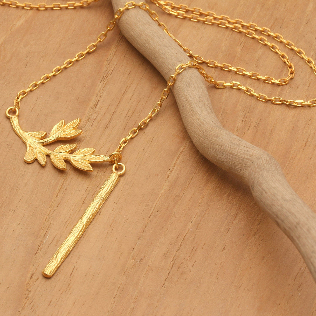 Nature-Themed 22k Gold-Plated Pendant Y Necklace from Bali - Leaf of Fortune