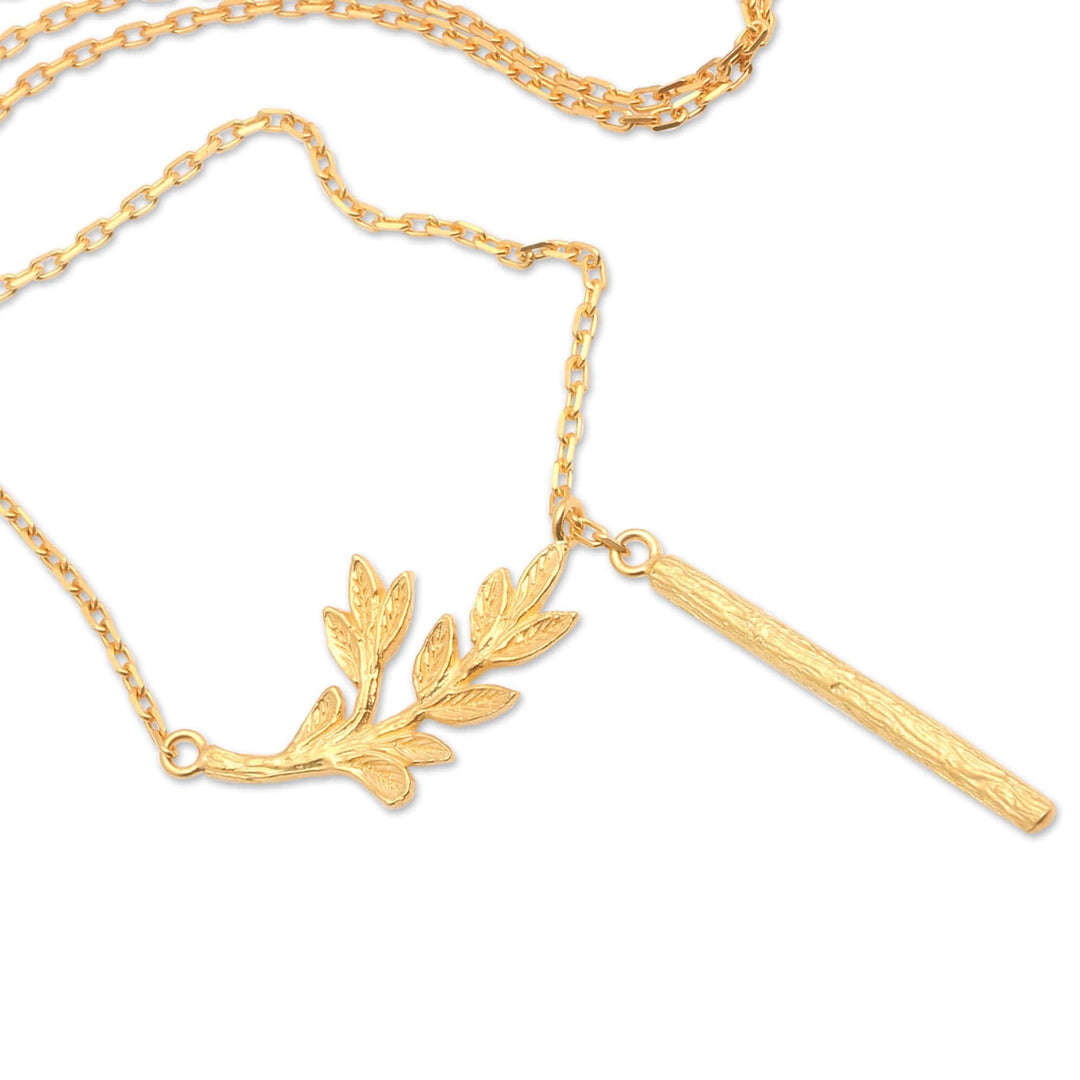 Nature-Themed 22k Gold-Plated Pendant Y Necklace from Bali - Leaf of Fortune
