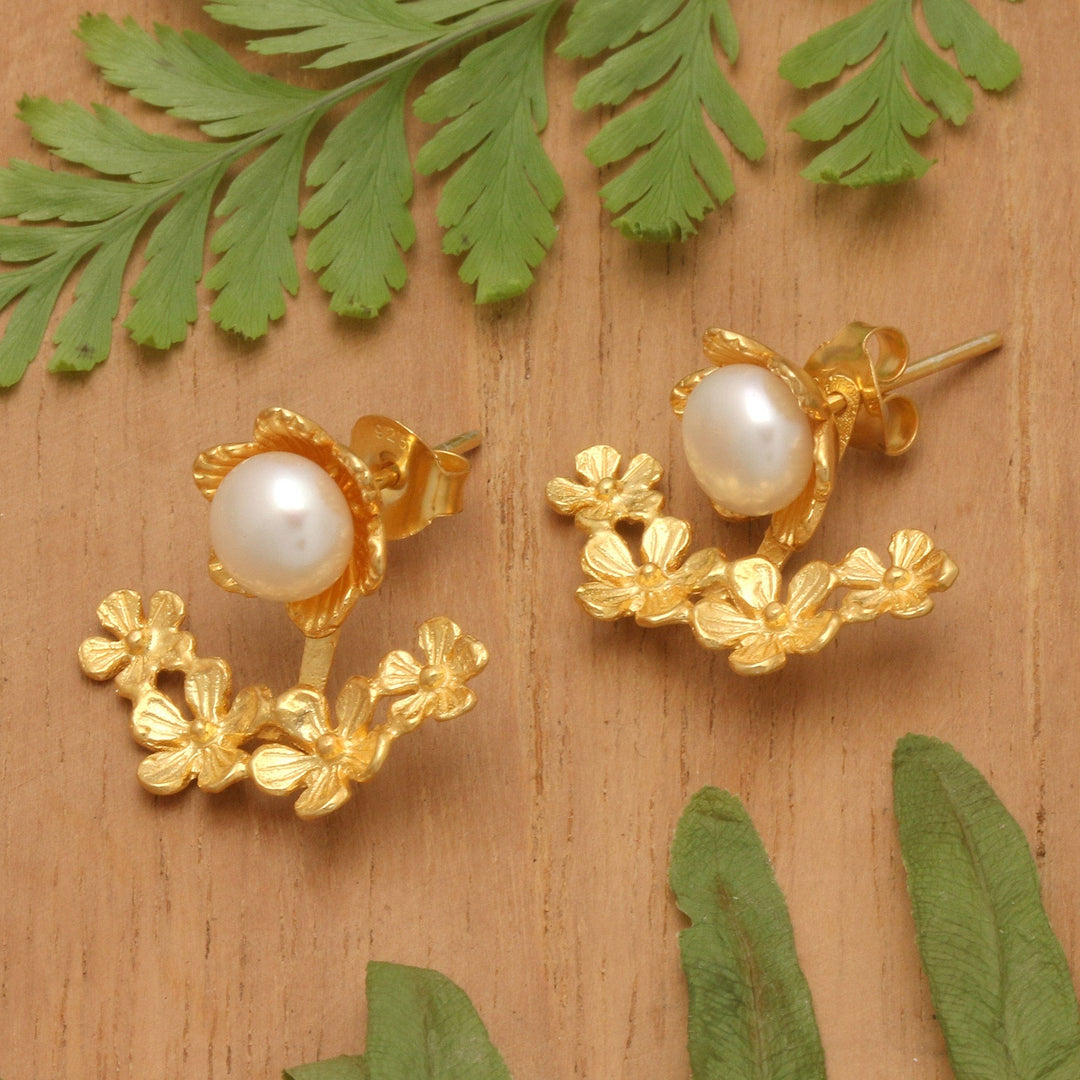 Floral 22k Gold-Plated White Pearl Ear Jacket Earrings - Pearly Eden