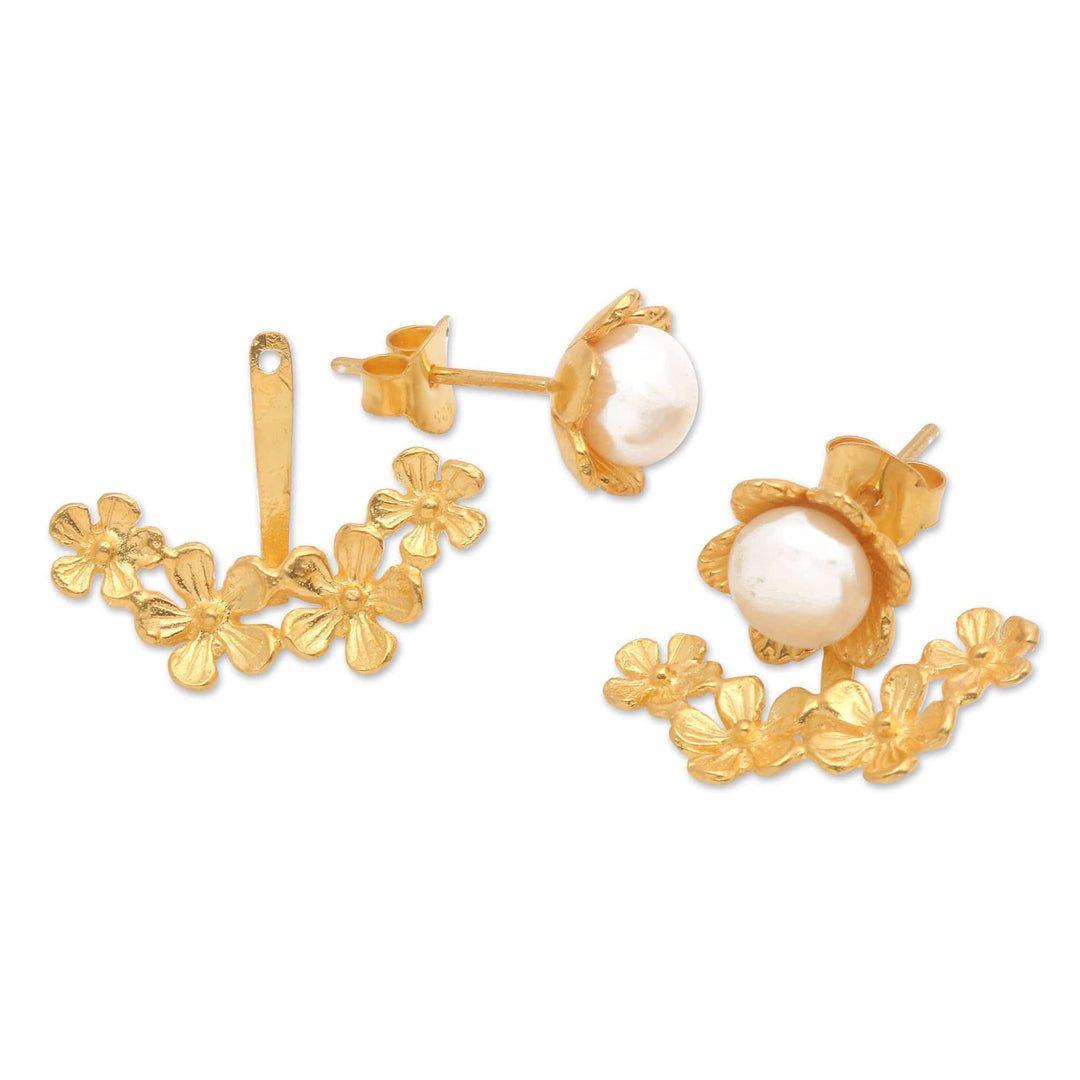 Floral 22k Gold-Plated White Pearl Ear Jacket Earrings - Pearly Eden