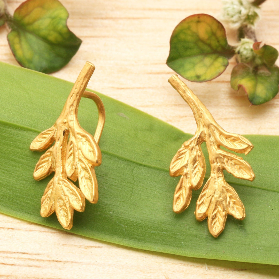 22k Gold-Plated Leaf-Shaped Button Earrings from Bali - Triumphant Foliage