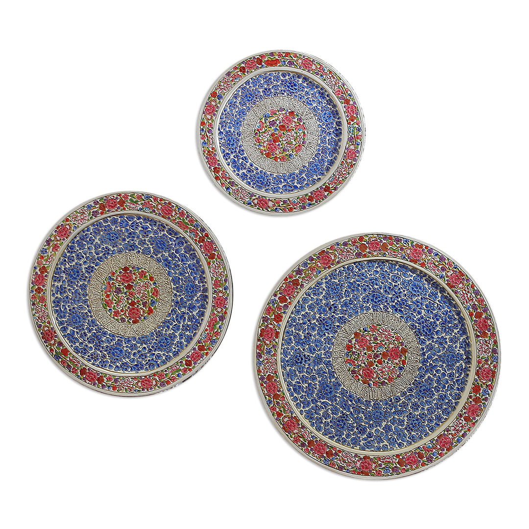 Set of 3 Painted Floral Round Blue and Red Wood Wall Accents - Elysium Portals