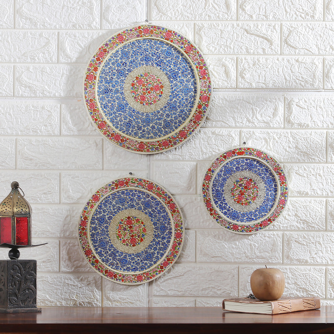 Set of 3 Painted Floral Round Blue and Red Wood Wall Accents - Elysium Portals